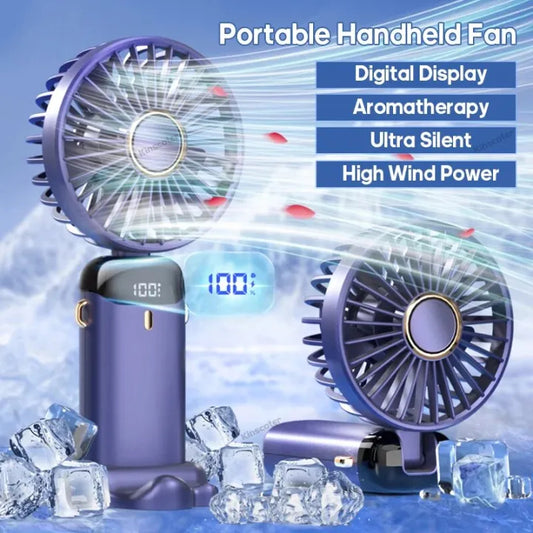 5-Speed USB Rechargeable Mini Handheld Fan – Foldable Portable Neck Fan with Display & Phone Stand